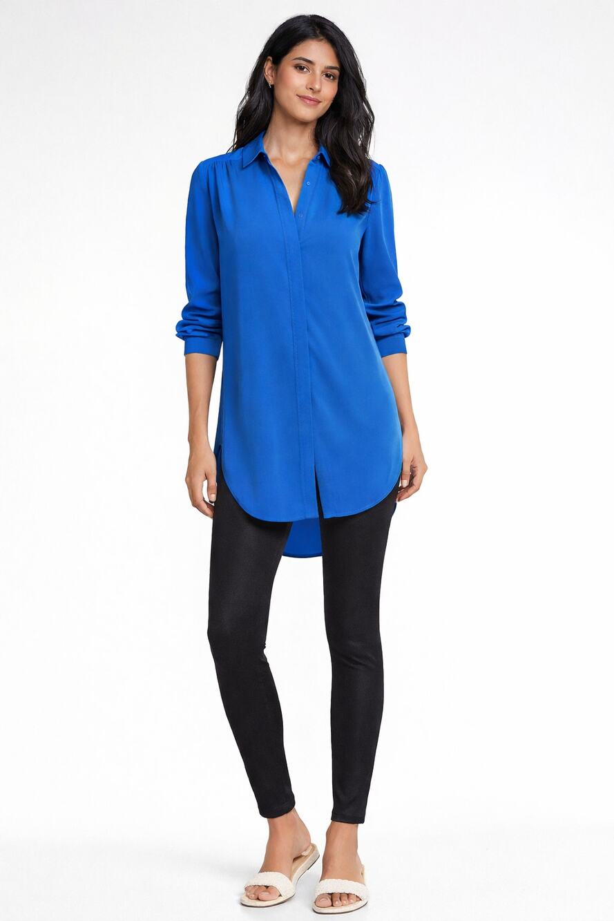 Express Pleated Shoulder Relaxed Tunic Portofino Shirt Blue Womens Size XS New